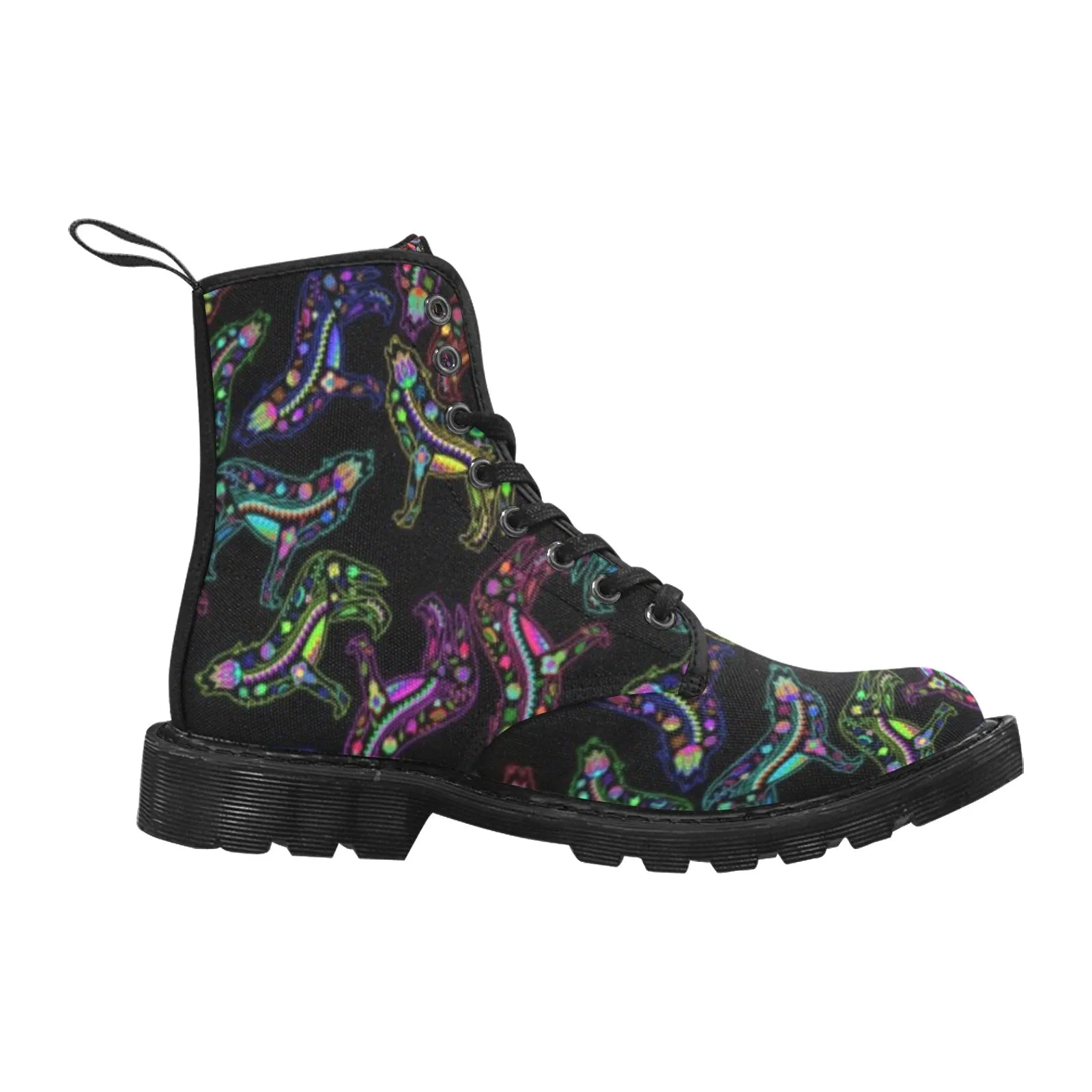 Neon Floral Wolves Boots for Women (Black)