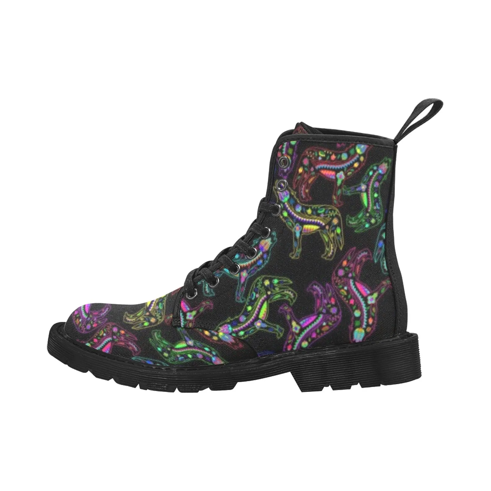 Neon Floral Wolves Boots for Women (Black)