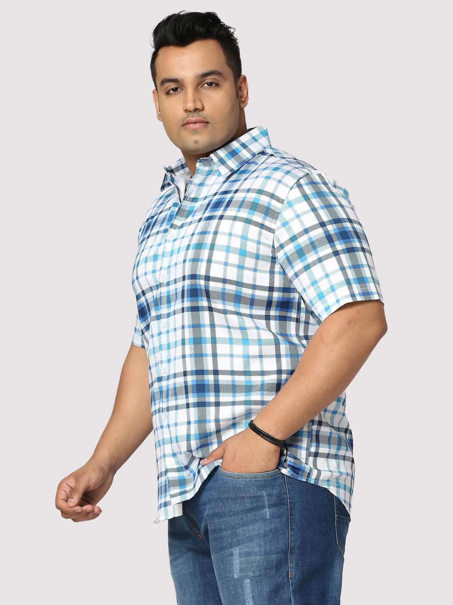 Oceanic Checks Digital Printed Half Shirt Men's Plus Size