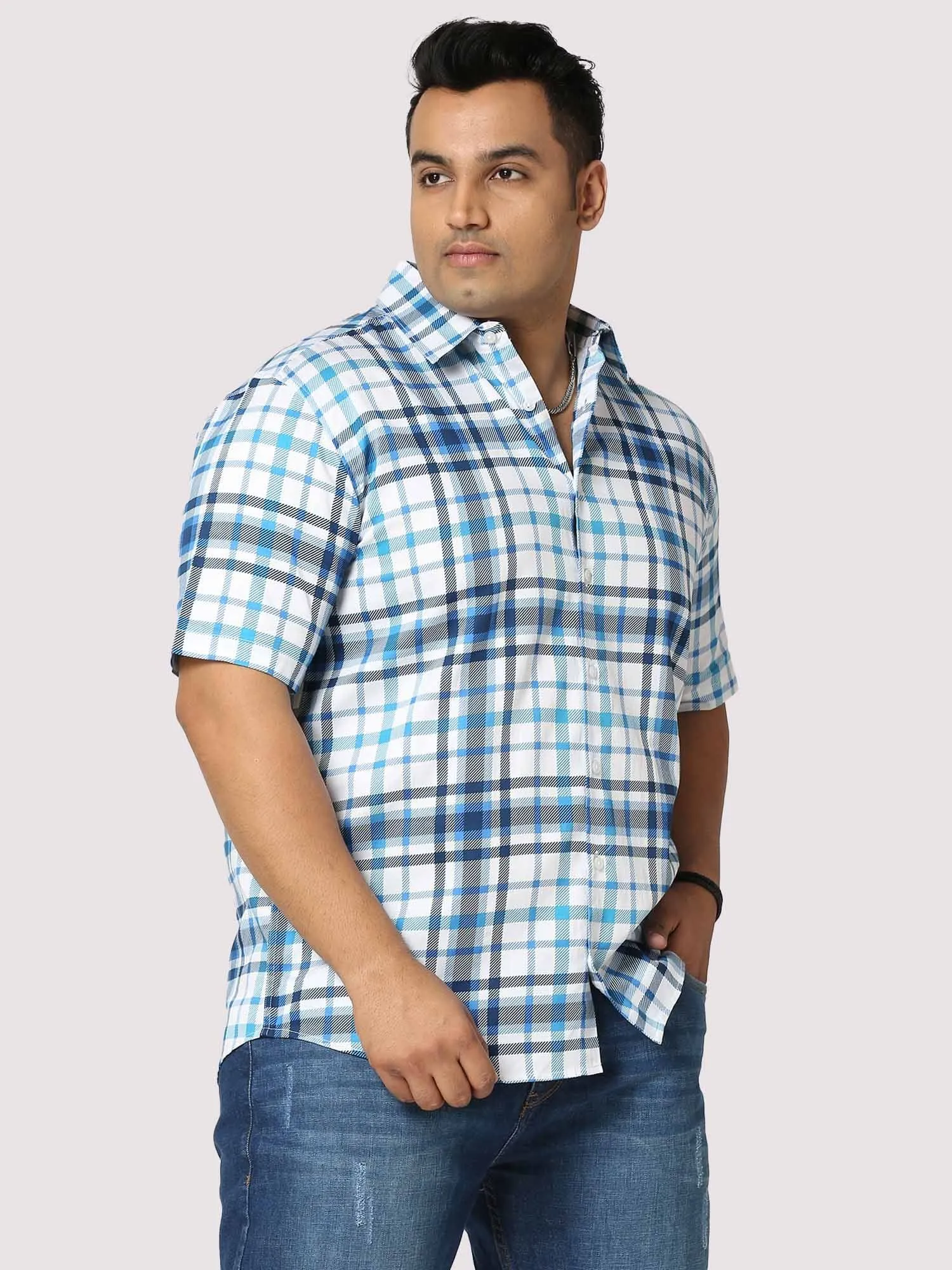 Oceanic Checks Digital Printed Half Shirt Men's Plus Size