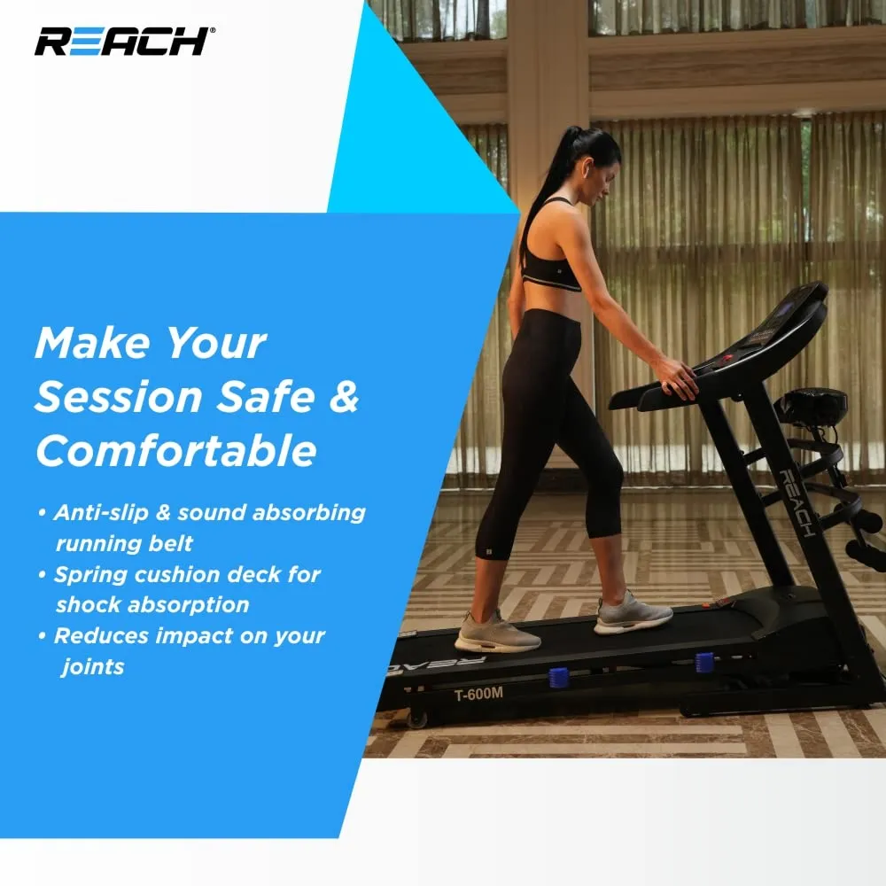 Reach T-600M 5 HP Peak Motorized Treadmill with Massager | Auto Incline | LCD Display | Foldable Machine with Bluetooth for Home Gym | Max Speed of 14 km/hr | Max User Weight 130kg