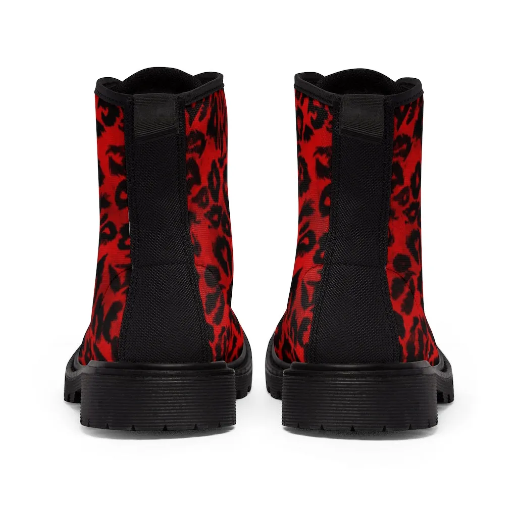 Red Leopard Print Men Hiker Boots, Designer Men's Laced Up Best Animal Print Canvas Boots