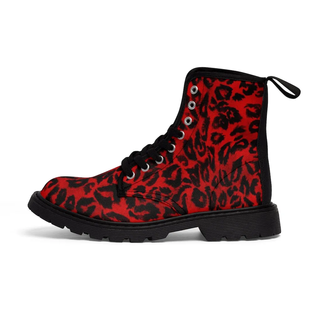 Red Leopard Print Men Hiker Boots, Designer Men's Laced Up Best Animal Print Canvas Boots