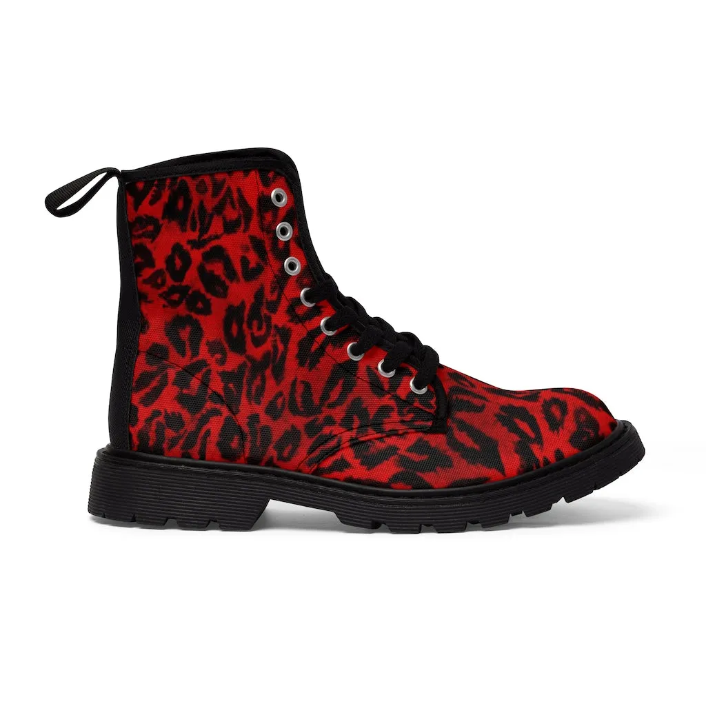 Red Leopard Print Men Hiker Boots, Designer Men's Laced Up Best Animal Print Canvas Boots