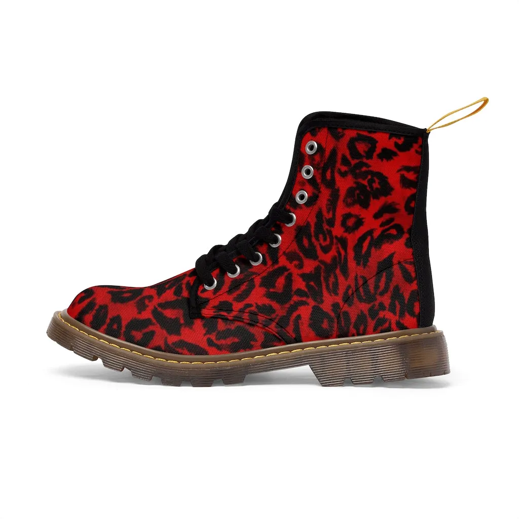 Red Leopard Print Men Hiker Boots, Designer Men's Laced Up Best Animal Print Canvas Boots