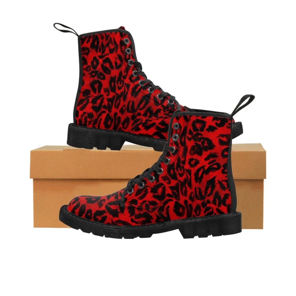 Red Leopard Print Men Hiker Boots, Designer Men's Laced Up Best Animal Print Canvas Boots