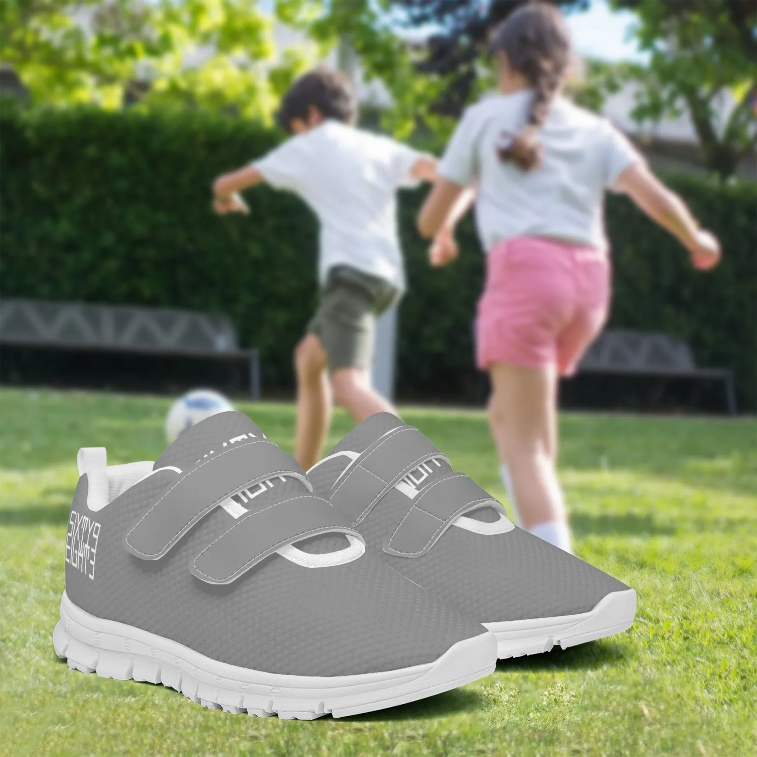 Sixty Eight 93 Logo White Grey Kids Lightweight Velcro Shoe