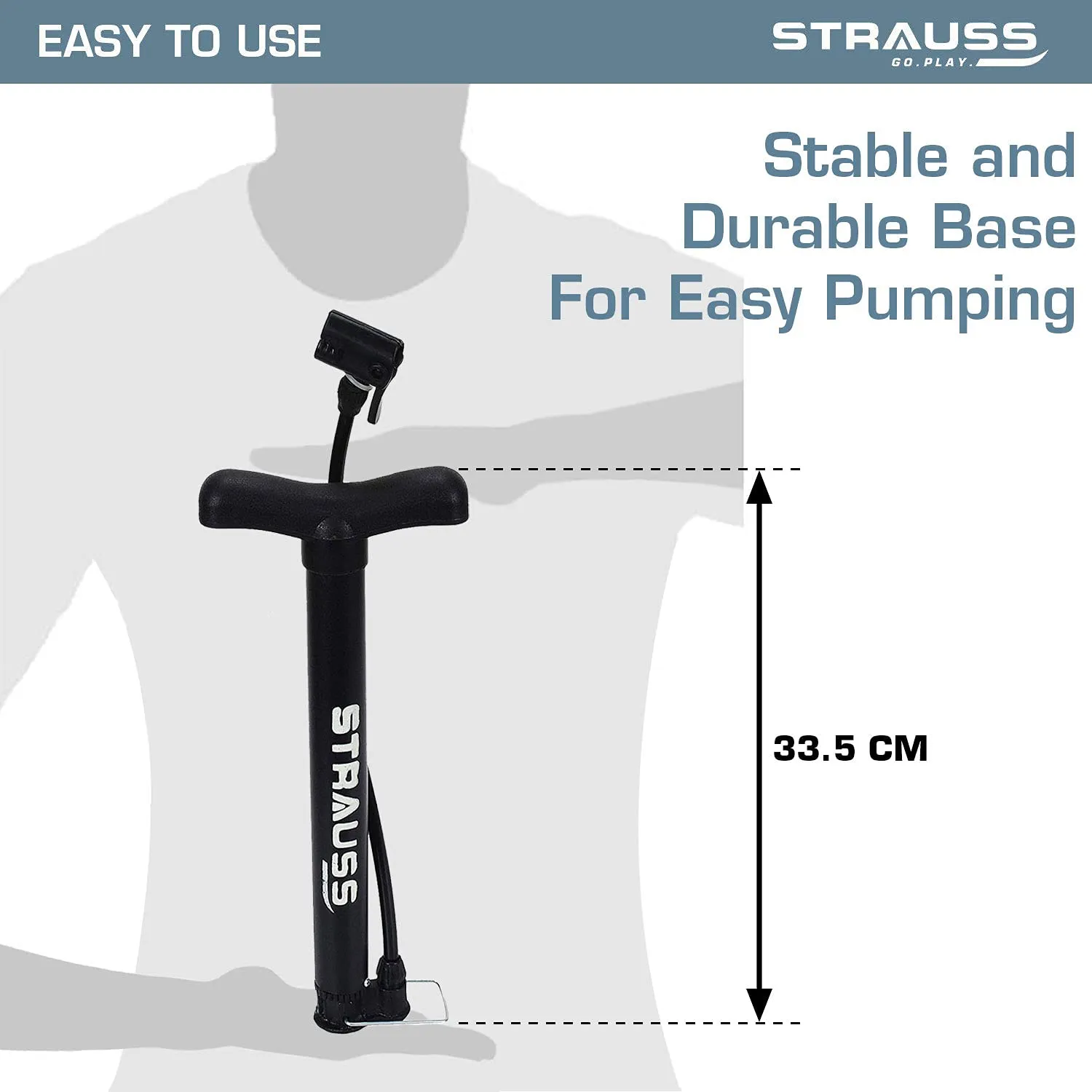 Strauss Bicycle Air Pump with Needle & Dual Valve | Portable Pump with 2 Modes | Sturdy Base & Ergonomic Handle, (Black)