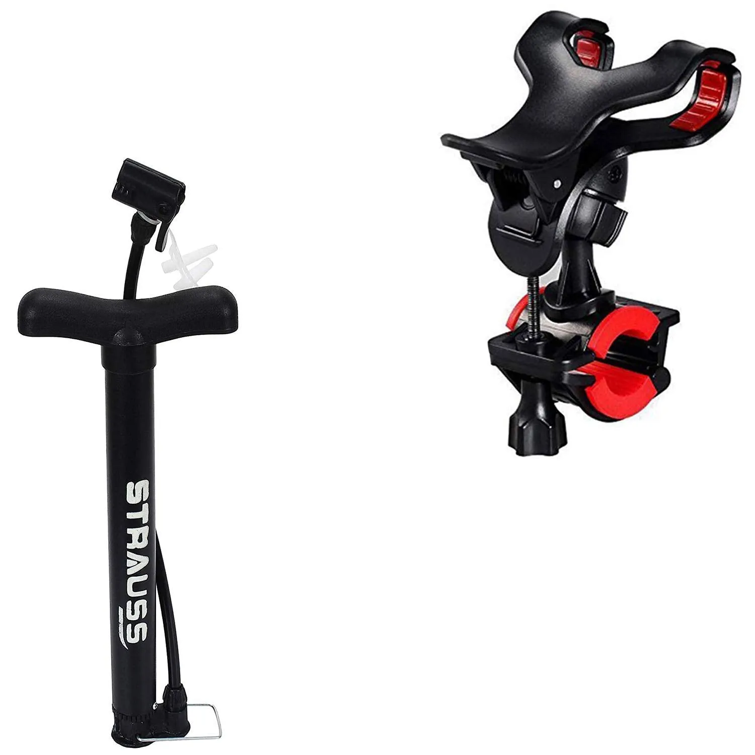 Strauss Cycle Mobile Phone Holder with Mount Bracket, (Black) and Bicycle Air Pump, (Black)