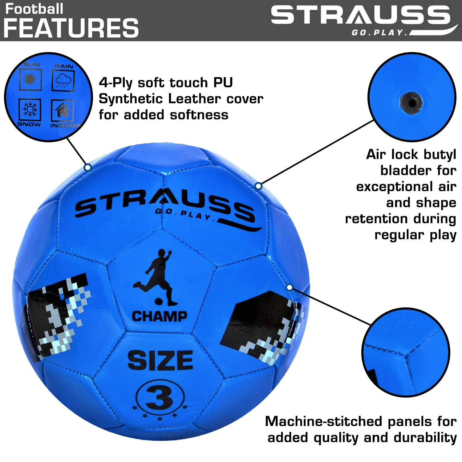 STRAUSS Official Football Size 3 |Professional Match Ball for Indoor & Outdoor Games & Training for Kids & Adults | Granular Texture with High-Performance Grained Surface, (Blue)