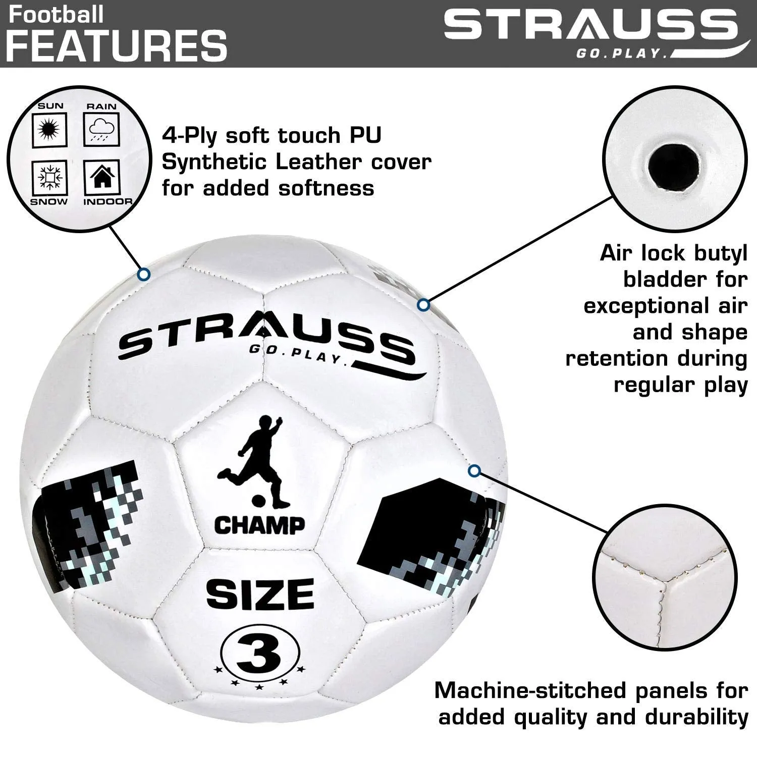 STRAUSS Official Football Size 3 | Professional Match Ball for Indoor & Outdoor Games & Training for Kids & Adults | Granular Texture with High-Performance Grained Surface, (White)