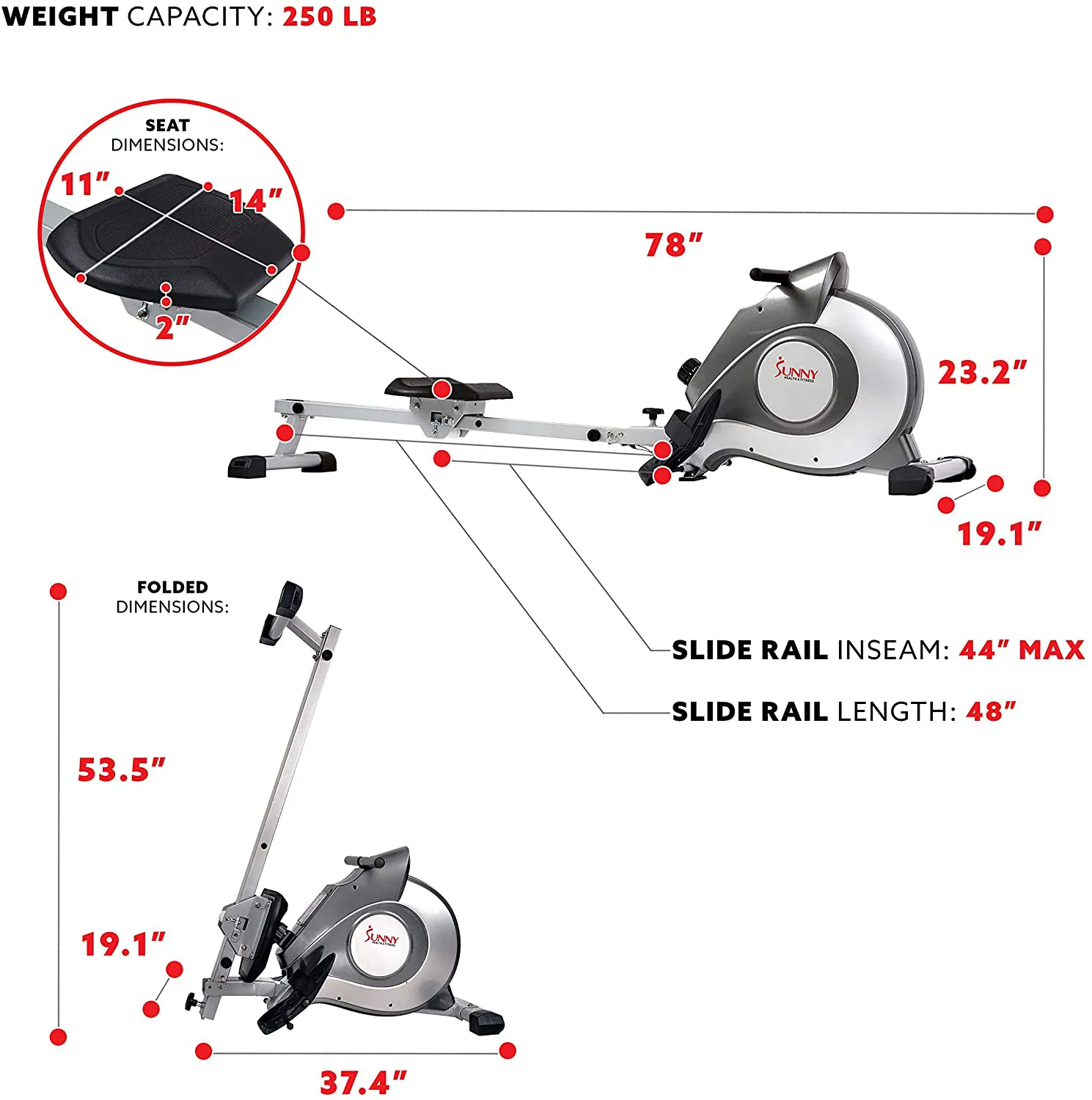 Sunny Health & Fitness Magnetic Rowing Machine Rower with LCD Monitor