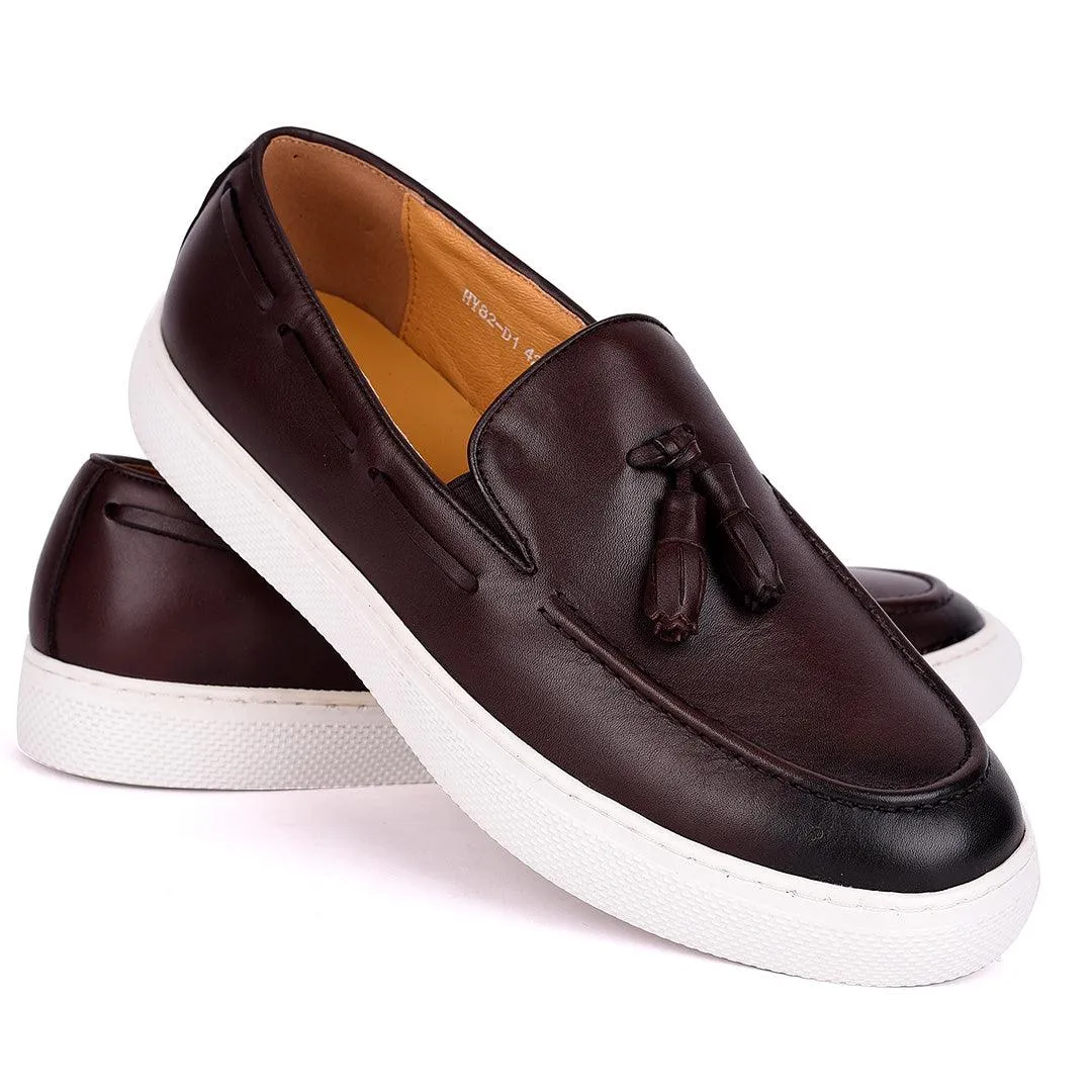 Terry Taylors Tassel With Side Lace Designed Brown Leather Sneaker Shoe