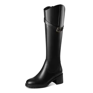 TinaCus Handmade Women's Round Toe Genuine Leather Side Zip Up Low Chunky Heel Buckle Black Knee High Boots