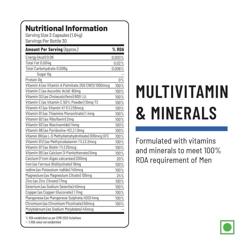 Unived Basics Multivitamin & Minerals Capsule for Men | 100% RDA of all Vitamins with Algae Calcium & Plant-Based Vitamin D3 plus Important Minerals | Complete formulation for Health & Wellbeing