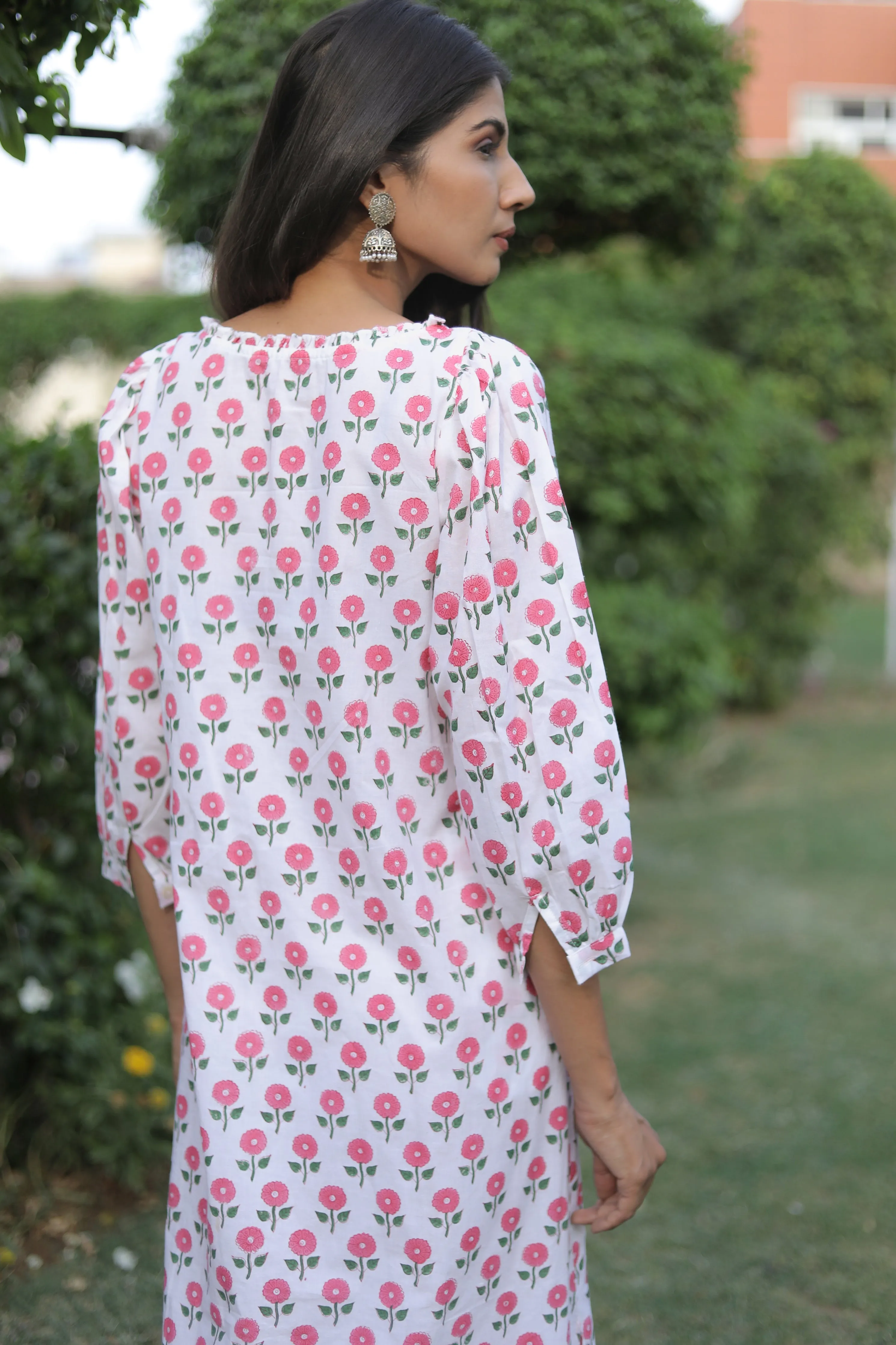 White Cotton Kurti style Maxi Dress with Pink Roses