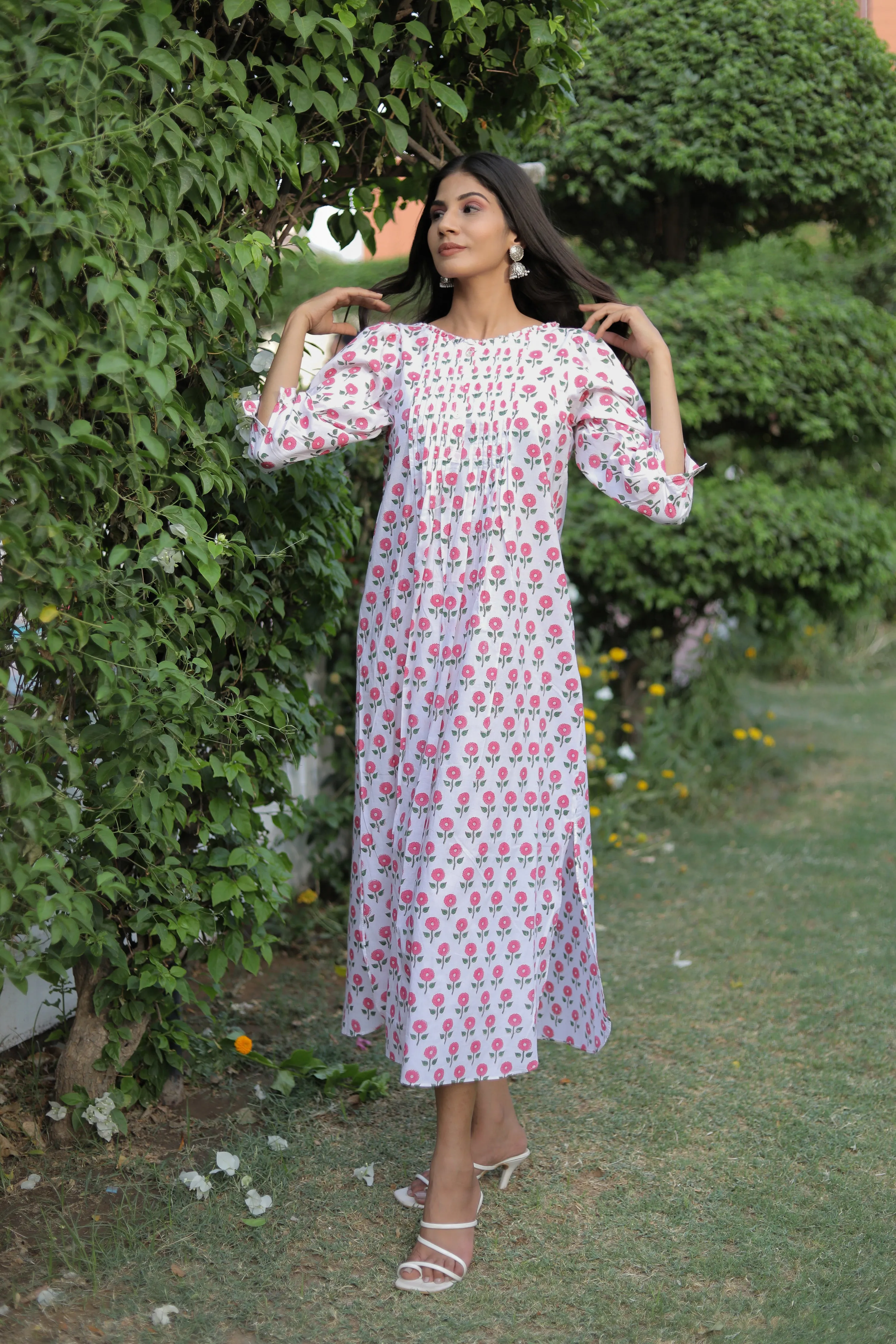 White Cotton Kurti style Maxi Dress with Pink Roses