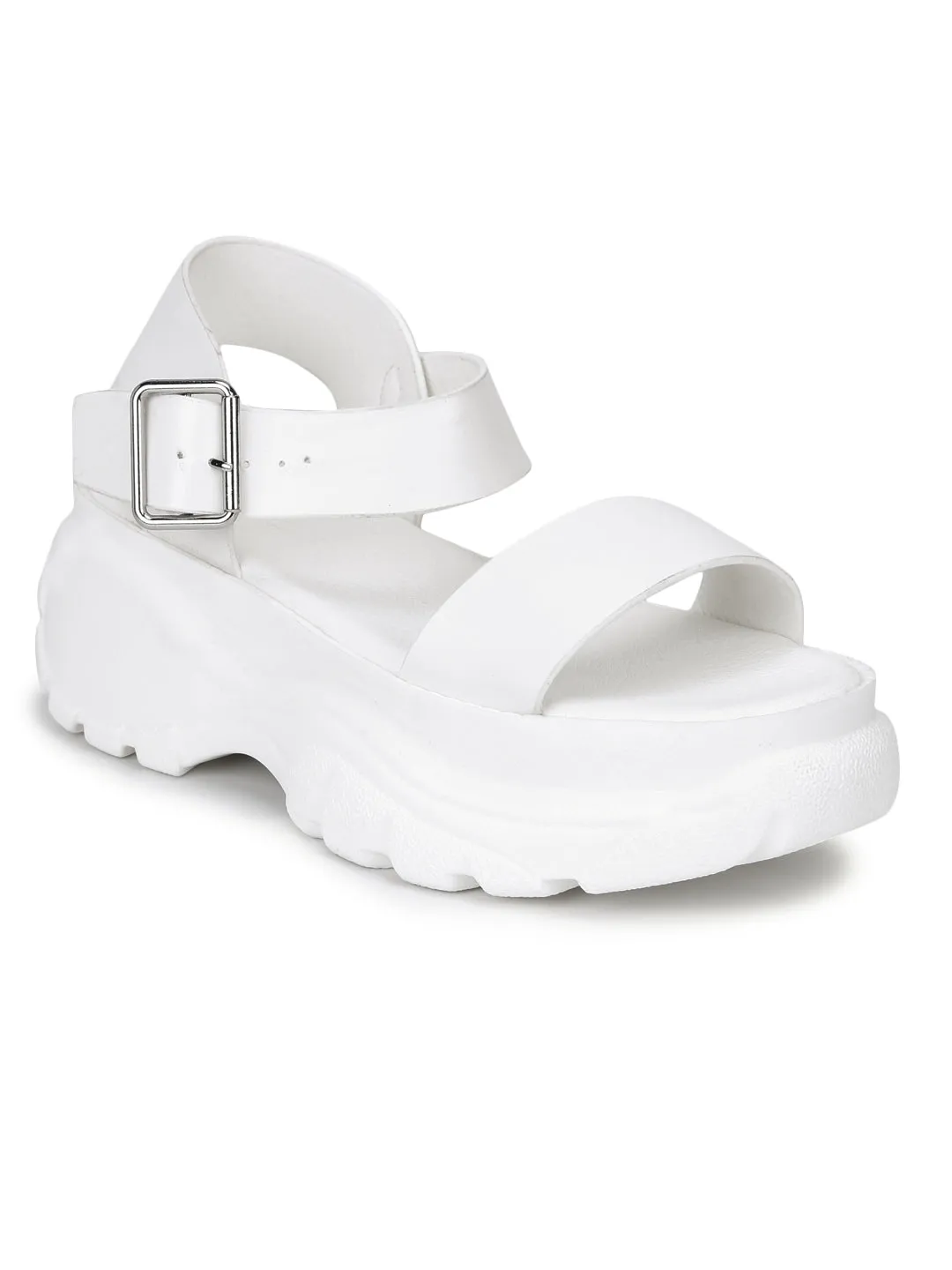 White PU Cleated Bottom Platform Wedges