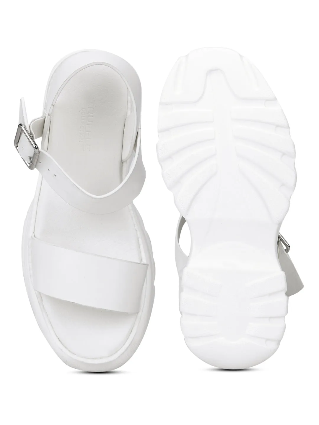 White PU Cleated Bottom Platform Wedges