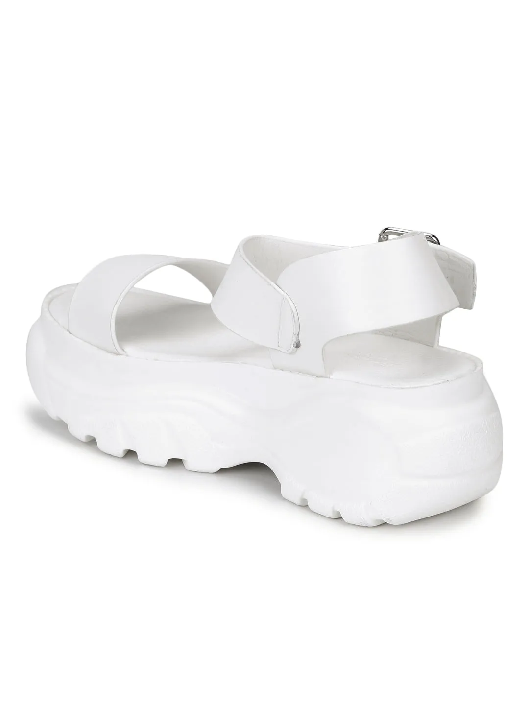 White PU Cleated Bottom Platform Wedges