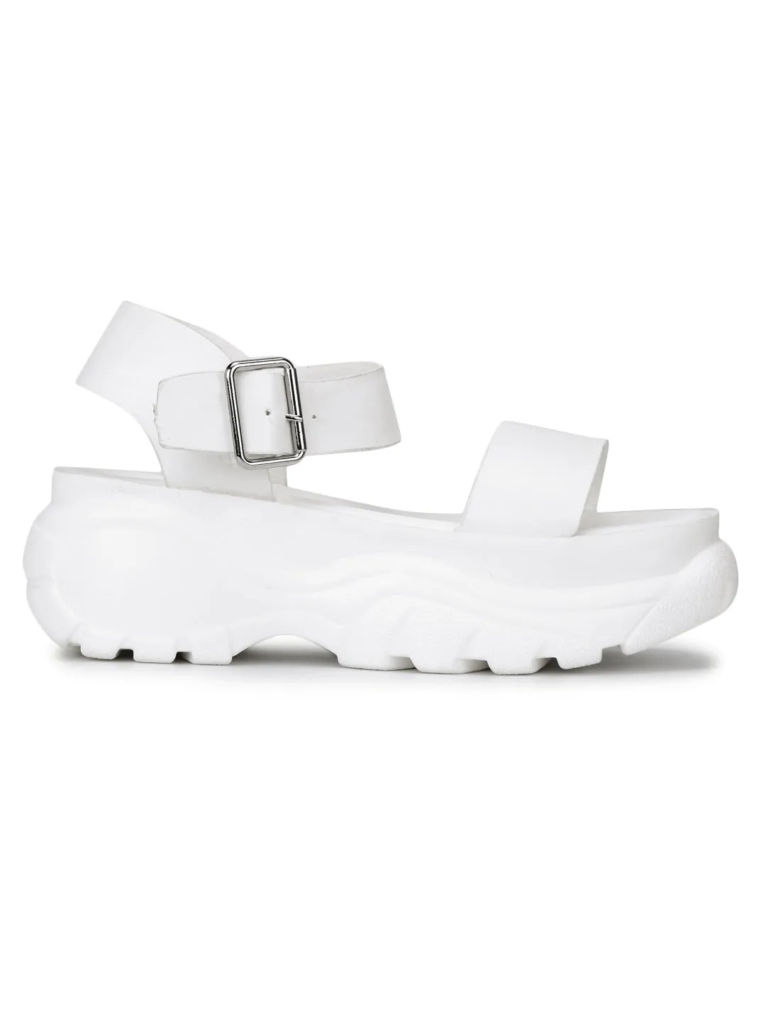 White PU Cleated Bottom Platform Wedges