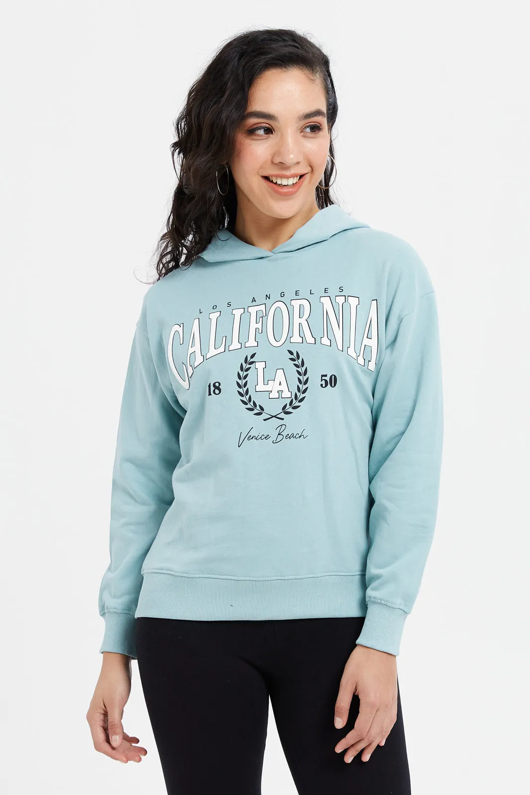 Women Blue Printed Hooded Sweatshirt