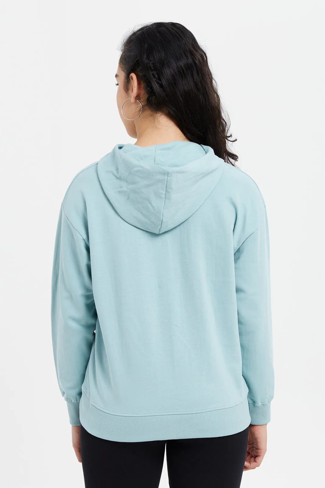 Women Blue Printed Hooded Sweatshirt