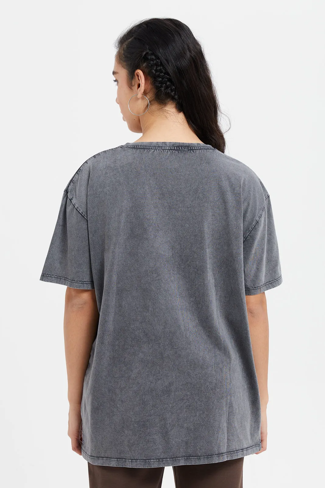 Women Grey Printed Oversize Biker T-Shirt