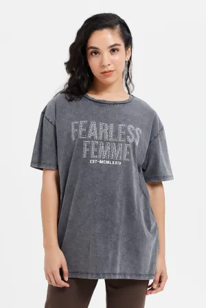 Women Grey Printed Oversize Biker T-Shirt