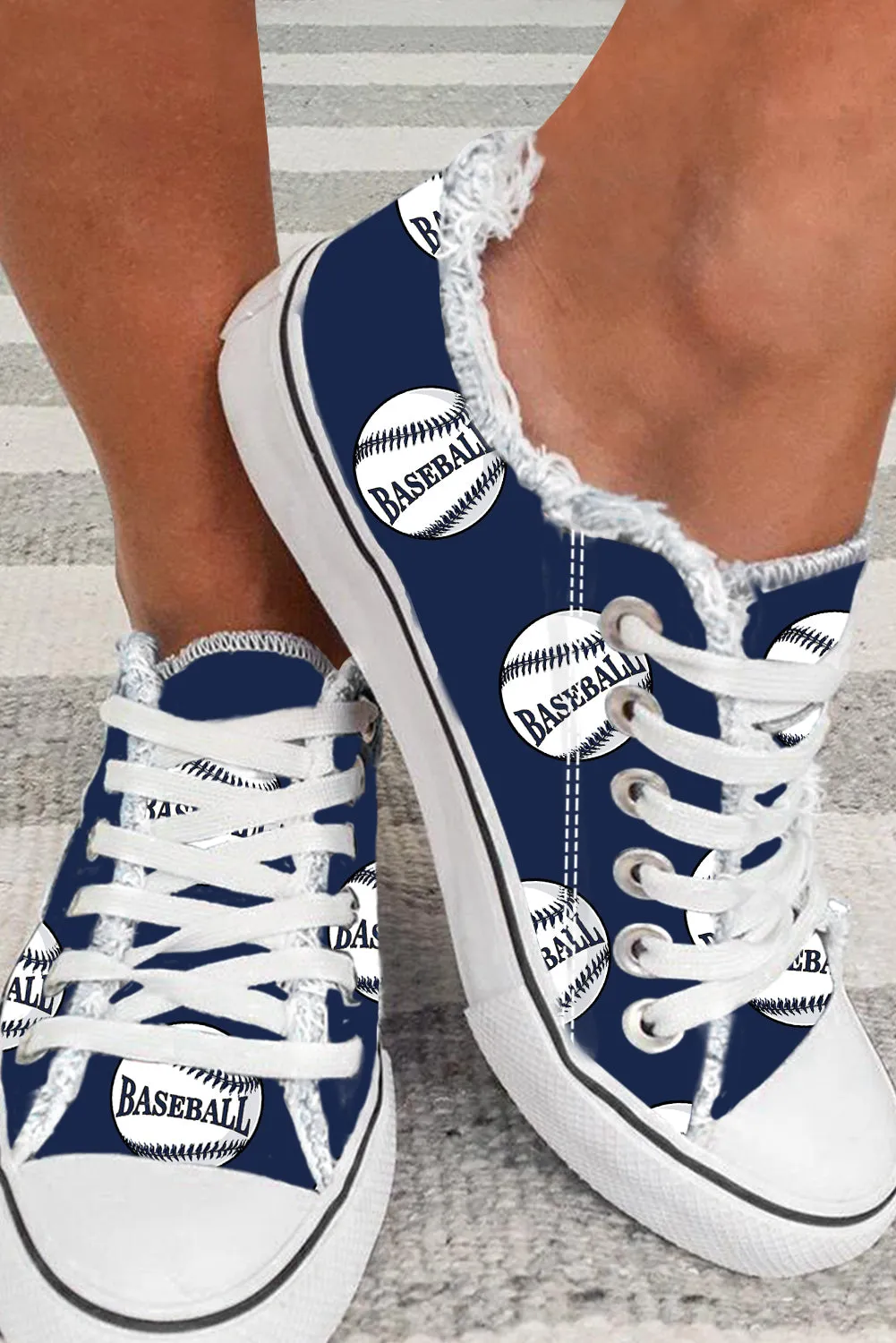 Women's Navy Baseball Print Fashion Sneakers